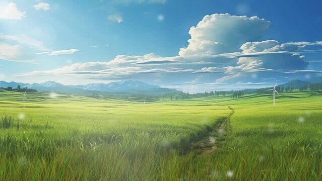 landscape with agricultural field and blue sky. beautiful view. In cartoon or anime watercolor illustration style looping video background