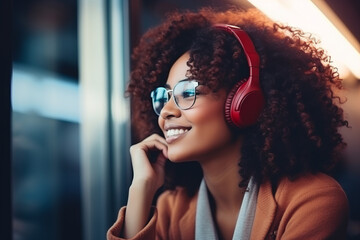 Attractive black woman listening to music