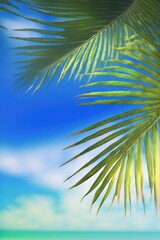 Fototapeta premium Palm leaves and beach and ocean. Tropical background. Generative AI