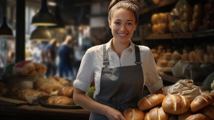 A smiling woman in an apron leaning on a counter in a bakery, with a variety of freshly baked breads displayed in front of her.