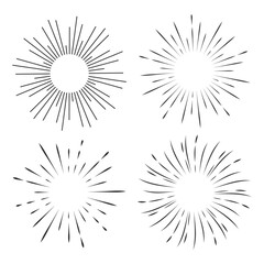 Set Fireworks, rays, sunburst frames circle border decoration, sparkle in doodle style, line sketch explosion isolated on white background.