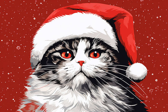 Pop art happy cat covered in white snowflakes wearing christmas cap, Portrait, Generative ai