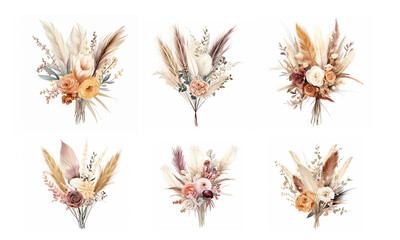 Set of watercolor boho flower bouquets with dried grass on a white background