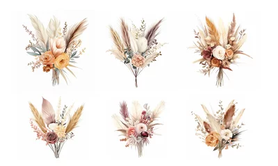 Foto op Canvas Set of watercolor boho flower bouquets with dried grass on a white background © Elena
