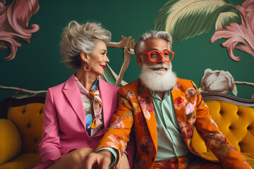 Portrait of a couple of stylish and happy gray-haired pensioners in a cozy and bright room, generated ai