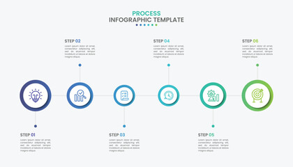 Timeline infographic with icons and 6 steps or process