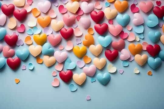 Create a lively background with scattered heart shaped confetti in various sizes and pastel colors. AI generative