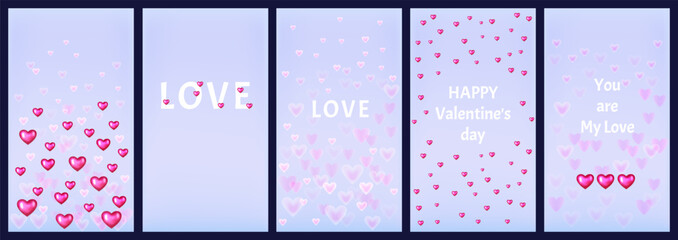Stories templates. Instagram templates Happy Valentine`s day, love, you are my love. Set of festive vector templates with hearts. Graphics suitable for use for banner, print flyer, decorative