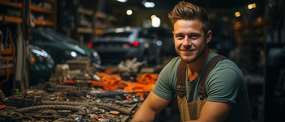 Young Australian tradesman in an auto repair shop, repairing an engine. - obrazy, fototapety, plakaty
