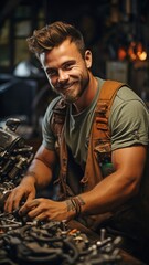 Young Australian tradesman in an auto repair shop, repairing an engine.