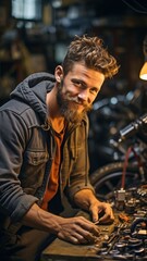 Obraz premium Young Australian tradesman in an auto repair shop, repairing an engine.