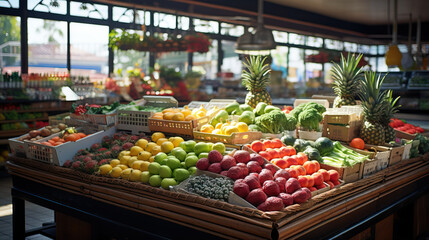 Fototapeta na wymiar Fruits and vegetables at indoor grocery store healthy living. Concept of Indoor Market Bounty, Healthy Grocery Finds, Fresh Produce Haven, Nutrient-Rich Choices.