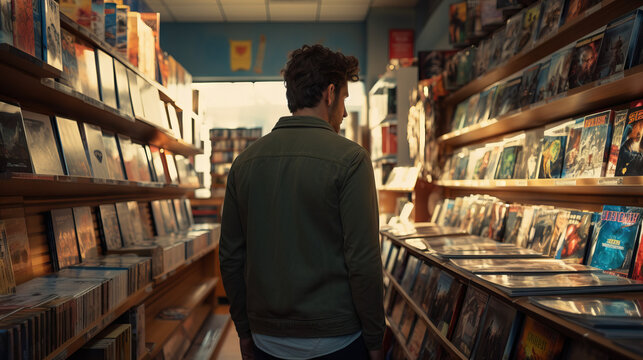 Man at comic book store browsing the sections. Concept of Comic Enthusiast, Comic Store Perusal, Graphic Novel Exploration, Collectible Hunt, Navigating Comic Aisles.