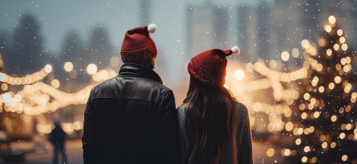 Fototapeta premium the christmas couple is standing at the snow