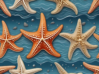 Starfish and shells on the beach. summer concept with sandy beach, shells and starfish.