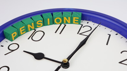 Single word "PENSIONE" on wooden block, taxes isolated, with clock background.