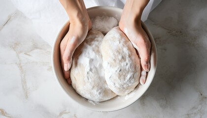  Making dough by female hands at bakery, top view of making bread, Female chef with dough on kitchen table