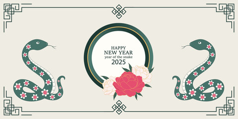 Happy Chinese New Year 2025. Background with snakes and peonies. Vector illustration