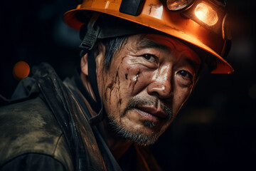 Generative ai technology portrait of mine worker wearing helmet extracting coal resources dirty face