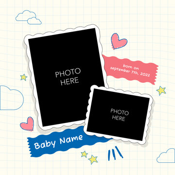 Photo frame background design for cute baby born in hand-drawn style