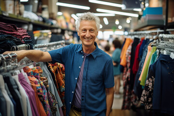 Obraz premium Generative AI picture Cheerful person shopaholic enjoy buying stuff clothes low prices store