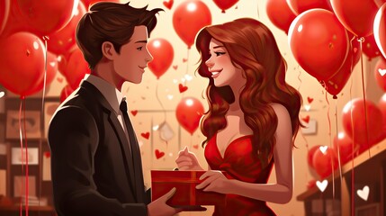   young couple proposing with gifts in heart vector illustration,Valentines Day, Propose day,  Valentines Day date. 
 - obrazy, fototapety, plakaty