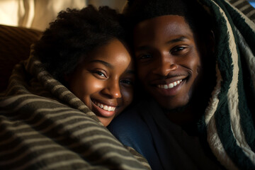 Generative AI closeup portrait young couple wrapped in warm laundry blanket waking up together - obrazy, fototapety, plakaty