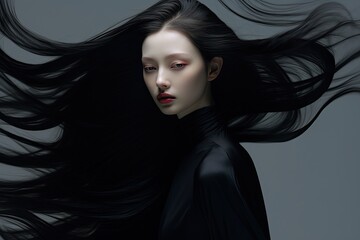 dramatic half profile portrait of an asian woman with long black hair - dramatic dark theme