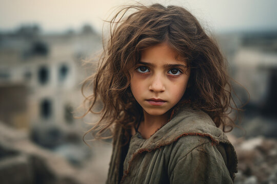 Image of an orphaned child in front of the ruins of town destroyed in the war generative ai