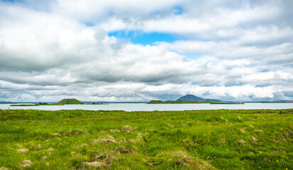 Lake Myvatn in summer in the Northern Region of Iceland, Europe. Summer landscape