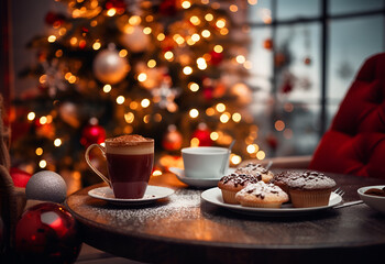 Christmas time. Served coffee table with hot drink and cookies against fir tree