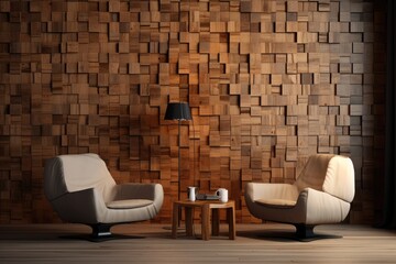 Modern living room interior with armchairs and wooden wall. 3D Rendering, Wallpapered woodpaneled walls with a natural wood, AI Generated