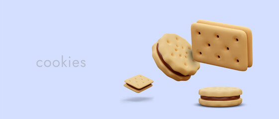 Rectangular and round sandwich cookies. Crispy pastries with different flavors. Sweet wheat snacks with filling. Chocolate cream. 3D illustration, textured elements
