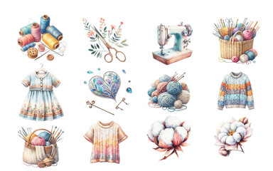 Watercolor sewing equipment on white background
