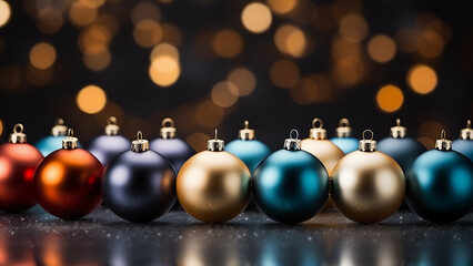 Row of colorful Christmas baubles against a backdrop of warm bokeh lights