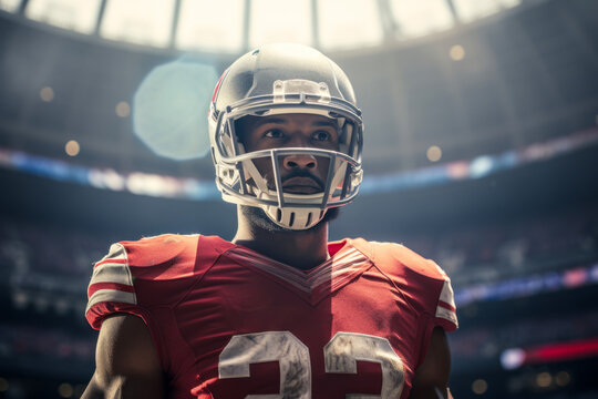 American football player of African descent in red uniform and helmet on a field