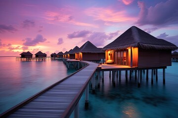 Tropical beach with water bungalows at sunset, Maldives, Water villas on Maldives resort island in sunset, AI Generated