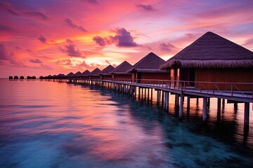 Beautiful sunset at Maldives islands with wooden water bungalows, Water villas on Maldives resort island in sunset, AI Generated - obrazy, fototapety, plakaty