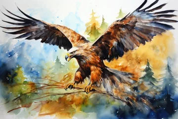Zelfklevend Fotobehang Eagle bird flying in the forest. Watercolor painting illustration, Watercolor abstract illustration of a golden eagle. Golden Eagle in action, AI Generated © Iftikhar alam