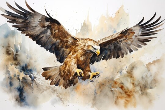 Watercolor eagle flying in the sky. Watercolor illustration for your design, Watercolor abstract illustration of a golden eagle. Golden Eagle in action, AI Generated