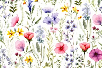 Seamless pattern with watercolor flowers. Hand-drawn illustration, Watercolor floral seamless pattern with colorful wildflowers and leaves, AI Generated