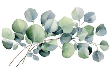 Eucalyptus branch with green leaves. Watercolor illustration, Watercolor green floral card with silver dollar eucalyptus leaves and branches isolated on white background, AI Generated - obrazy, fototapety, plakaty