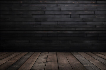 wood floor with black brick wall with lighting pattern texture background
