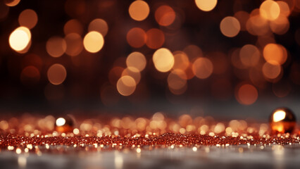 Sparkling copper glitter stretches out with soft bokeh lights creating a warm, festive ambiance