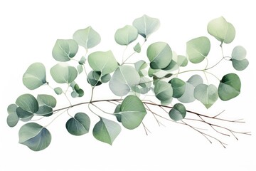 Eucalyptus branch with leaves isolated on white background, Watercolor green floral card with silver dollar eucalyptus leaves and branches isolated on white background, AI Generated
