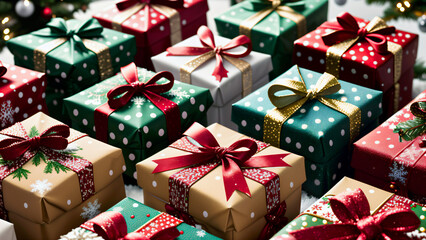 Un ensemble de paquets cadeaux multi couleurs. Ambiance de Noel, Saint Valentin ou anniversaire