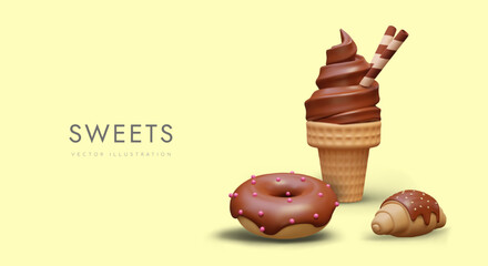 Commercial concept of sweets with chocolate. 3D donut, ice cream, croissant in cartoon style. Time for treat. Vector template for online advertising. Color banner with text