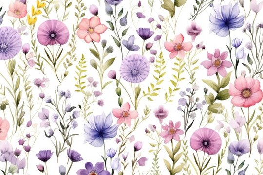 Seamless pattern with watercolor flowers. Hand drawn illustration, Watercolor floral seamless pattern with colorful wildflowers and leaves, AI Generated