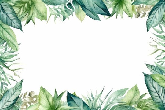 Watercolor tropical green leaves frame with space for text on white background, Watercolor hand painted frame with tropical green leaves and branches, AI Generated