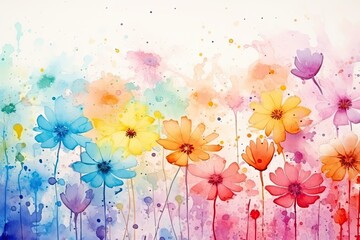 Colorful cosmos flowers on watercolor background. Digital art painting, Watercolors flowers background, abstract flowers made from watercolor paint splashes, AI Generated
